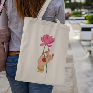 Canvas Tote Bag with Lotus Print