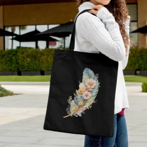 Floral Feather Black Tote Bag