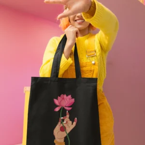 Hand and Lotus Flower Printed Tote Bag