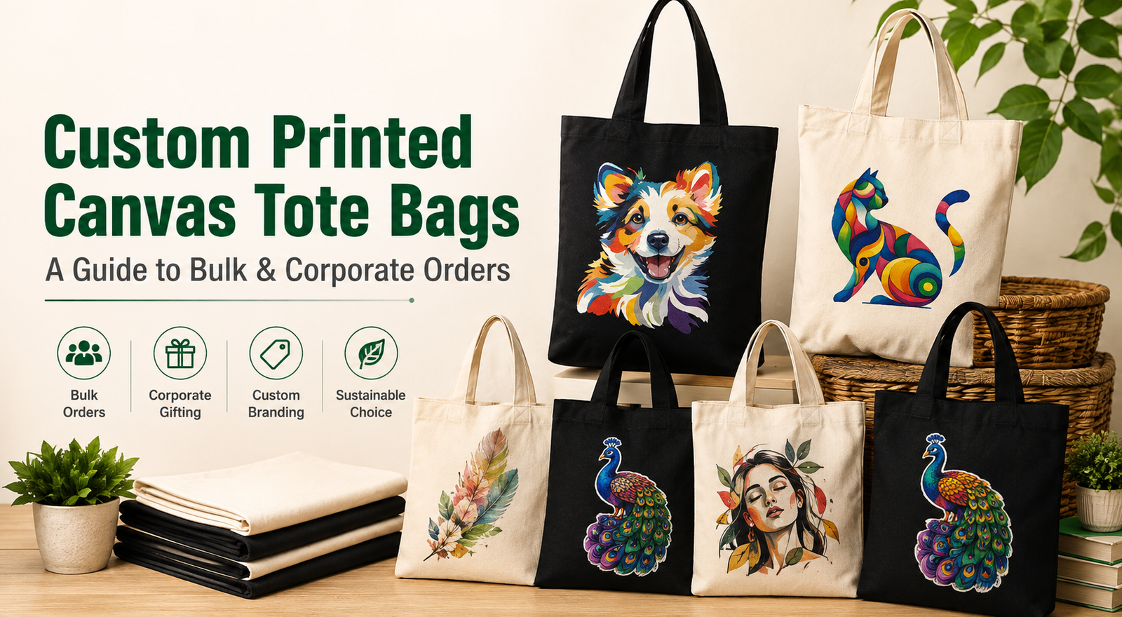 Custom printed canvas tote bags in black and natural colors for bulk and corporate orders